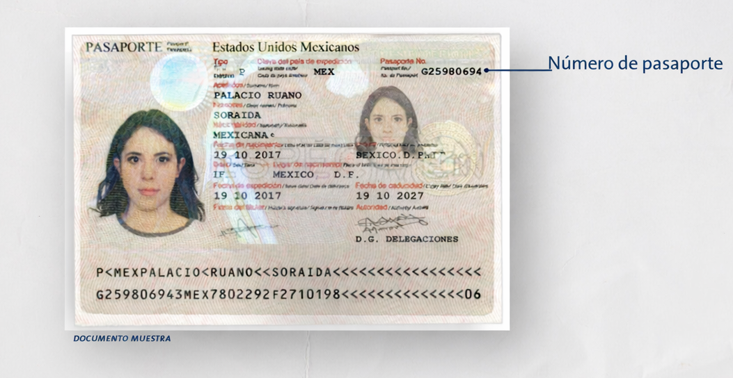 Ejemplo de dónde localizar el número de Pasaporte